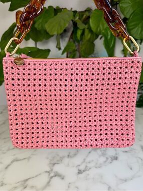 Clare V Rattan Flat Clutch with Tabs in Petal & Tortoise Resin Shortie Strap